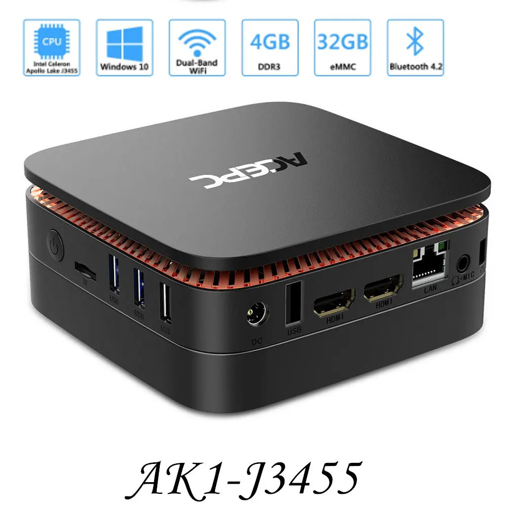 

AK1 Mini PC Windows 10 mini Computer Fanless PC 4G 64G RAM Intel Celeron Apollo Lake J3455 2.4G/5G WiFi 4K Desktop Computer