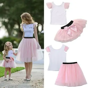 

2pcs Mom Daughter Matching Clothes Flying Sleeves Top T-shirt+Tulle Skirt 2pcs Outfits Family Matching Clothes