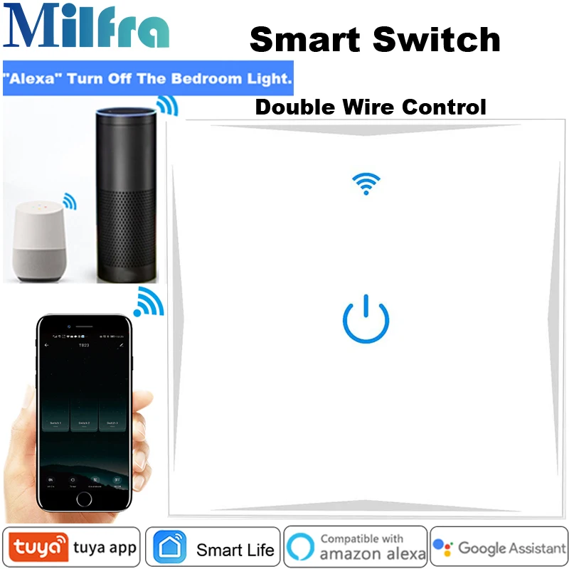 

Milfra Double Control Smart Light Switch Neutral Wire Required EU 86mm 3 Way Wall Switch for Google Assistant Alexa Tuya App