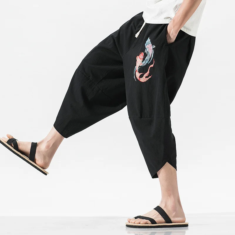 Брюки-кимоно повседневные свободные брюки из семи точек японское кимоно традиционные брюки с принтом брюки Haori азиатское кимоно Yukata мужские - Цвет: as picture