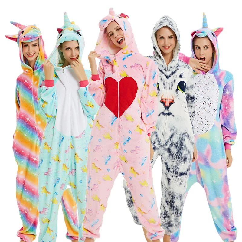 

Adults Unicorn Pajamas Women Men Flannel Cute Animal Pajamas unicornio Stitch Pikachu panda Pyjamas Sleep wear Homewear