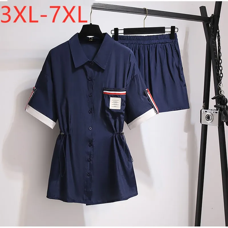

New 2021 Ladies Summer Plus Size Women Large Loose Short Sleeve Blue Long Shirt And Shorts Two Piece Sets 3XL 4XL 5XL 6XL 7XL