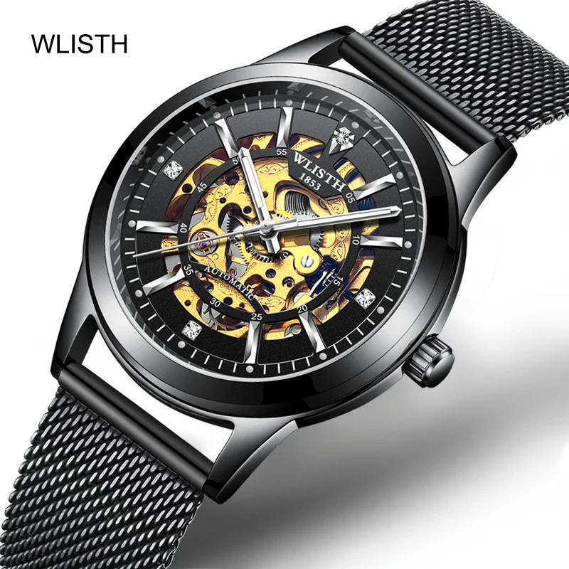 

Male hollow automatic mechanical gear movement luminous 30 bar waterproof business casual Skeleton model men wrist clock watch