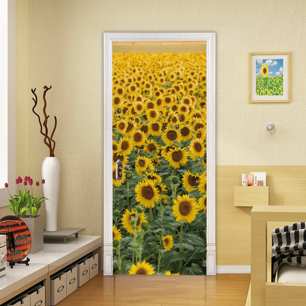 Самоклеющиеся обои ремонт Поле подсолнухов DIY стикер на дверь водонепроницаемый вход Декоративные наклейки для дома принты, искусство, картина