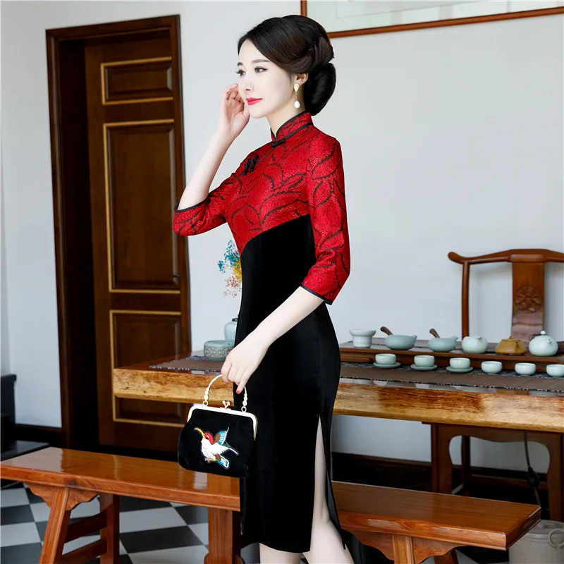 L-6XL Платье До Колена Cheongsam в винтажном китайском стиле женское кружевное велюровое платье Qipao тонкое вечернее платье на пуговицах размера плюс