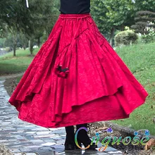 Повседневная винтажная красная Цветочная хлопковая и льняная новая плиссированная Асимметричная плиссе Женская танцевальная юбка Дизайнерские макси юбки для женщин