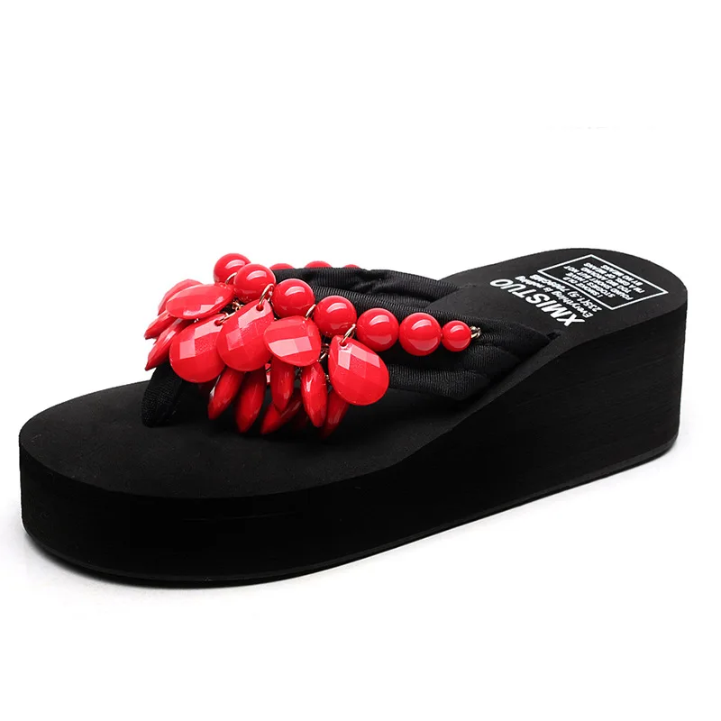 Summer new women's shoes beach shoes fashion youth shoes handmade beaded sewing sponge wedges slippers flip-flops cool shoes - Цвет: Красный