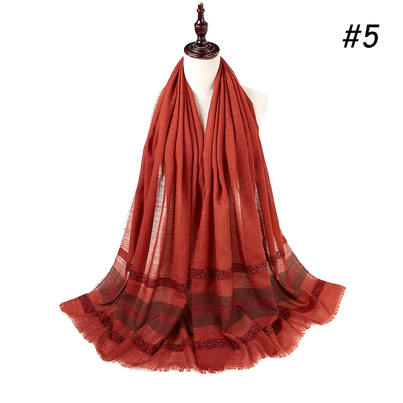 dark orange red Quality Glitter Stripe Hijab Scarf For Women Viscose Cotton Plain Color Soft Muslim Headscarf Long Hijabs Turban Arab 180x70cm - Цвет: dark orange red