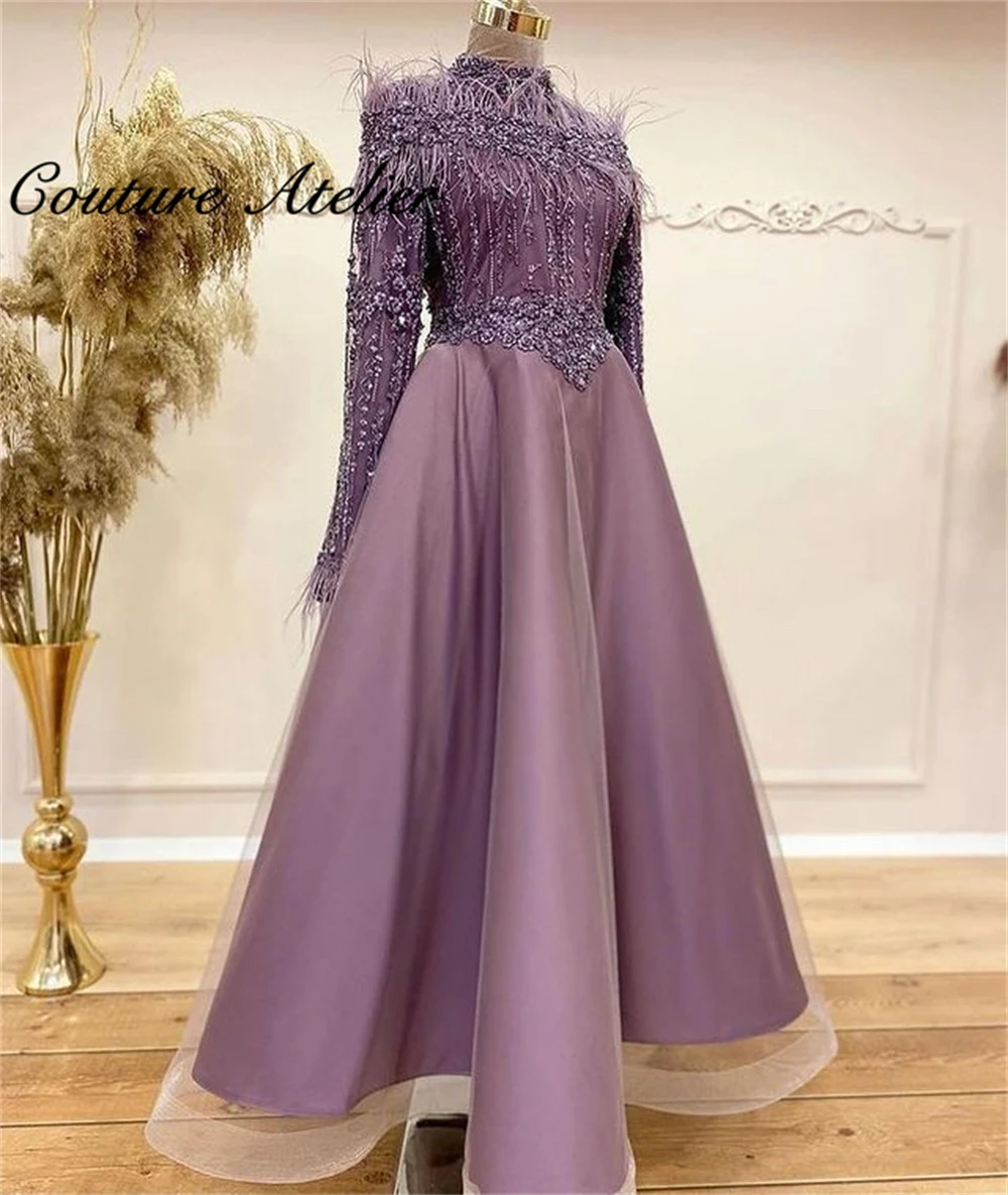 Light Purple Muslim Evening Dresses Long Sleeve Dubai Prom Dresses ...