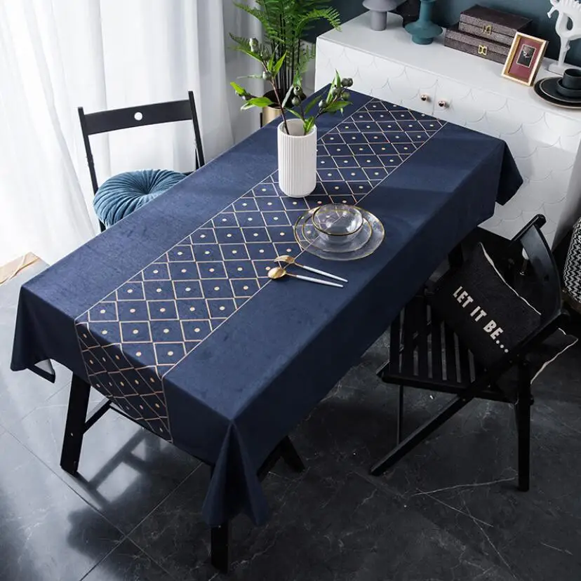 New Luxury Velvet Table Cloth Decorative Geometric Print Navy Blue Tablecloth Dining Table Cover Mantel Gold Obrus ZC088