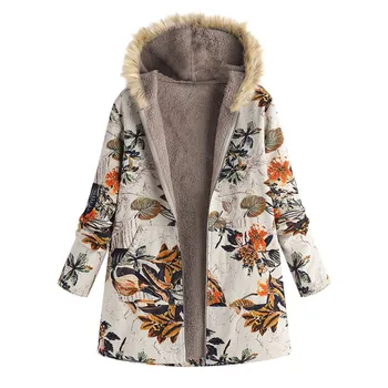 

Women Fur Collar jacket Zipper And Velvet flower Printed Cardigan Long plus size Coat Outwear winter clothes for women manteau