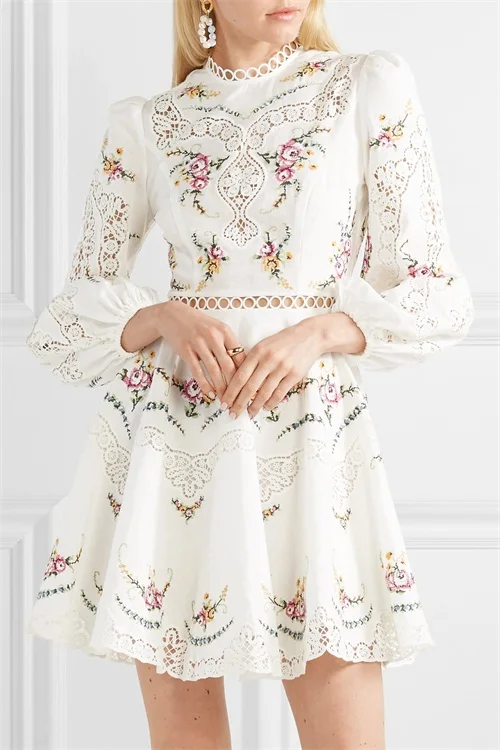 

White Linen Allia Dress With Floral Cross Stitch Embroidery & Loop-lace Trim & Flared Mini Hem & High Neck & Crocheted Panels