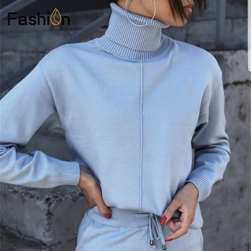 Women's Sweater Two Piece Suits and Sets Turtleneck Long Sleeve Knitted Sweaters+Pockets Long Trousers 2PCS Sets Winter Costume