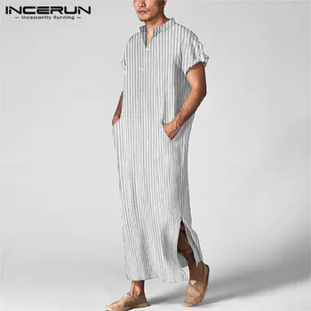

INCERUN Men Striped Jubba Thobe Men Islamic Arab Kaftan Short Sleeve Cotton Casual Pockets Muslim Robes Saudi Arabia Dubai 5XL