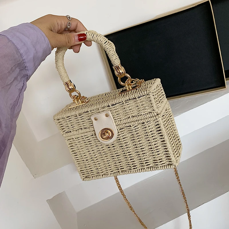

Elegant Female Box Tote Bag 2020 New High-Quality Straw Women's Designer Handbag Weave Chain Shoulder Messenger Bag Beach Bag