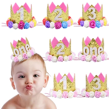 

Baby 1 2 3 Years Birthday Party Hat Flower Crown 1st Birthday Cap for Newborn Toddlers Baby Shower Headband Hair Accessories