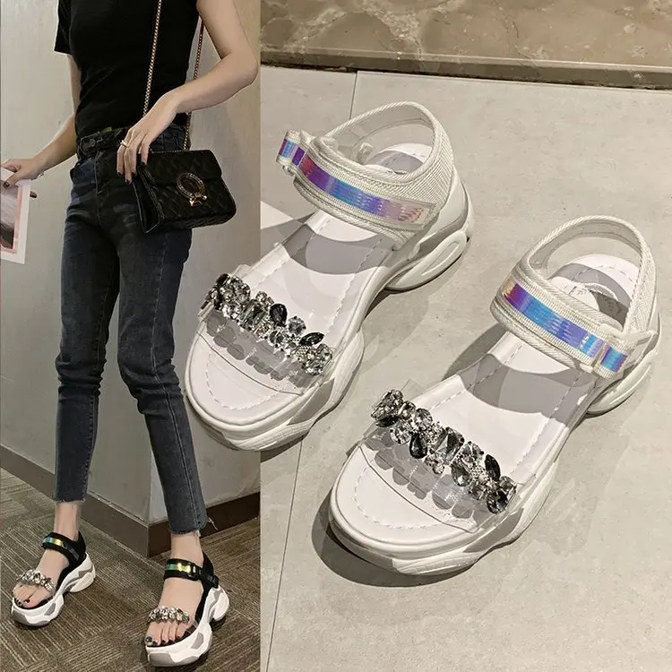

Platform Sports Sandals Women's 2020 New Style Korean-style Versatile Man-made Diamond Sequin Summer Sandals Beach Casual Shoes