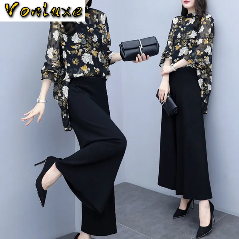 Women Chiffon Pant Suits Formal Elegant Office Ladies Work Pantsuits Summer Blouse Tops Wide Leg Pants Two Piece Set Plus Size |