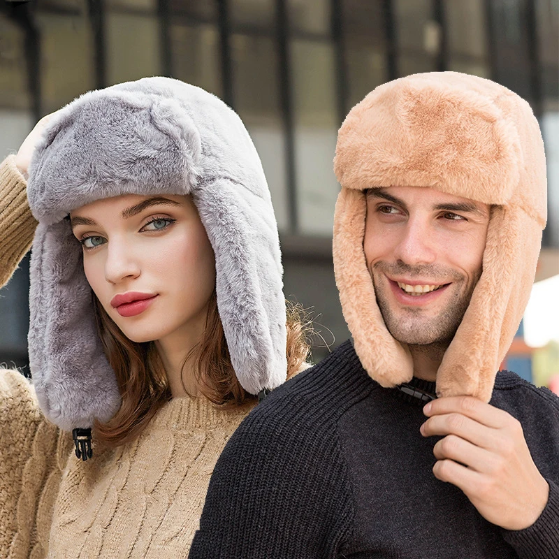 

2019 Russian Ushanka Faux Fur Bomber Hats Women Men Pilot Trapper Cap Winter Hat Earflap Snow Caps hat