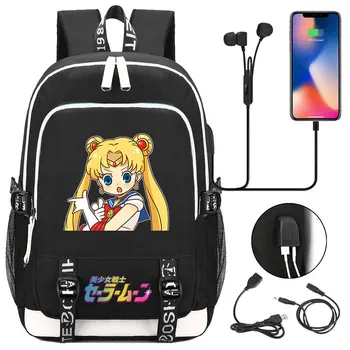 

Cute Sailor Moon Cat Girl Backpack Book School Bag Rucksack w/ USB Fashion Port and Lock Headphone Anime Book Bag Laptops Gift