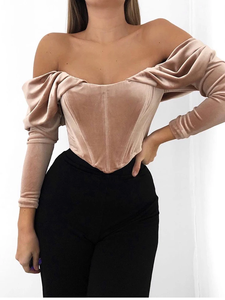 NewAsia Boning Corset Shirt Velvet Blouse Women Autumn Vintage Long Sleeve Ruched Off Shoulder Corset Tops Ladies Sexy Shirt New
