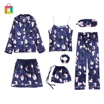 

7 Pcs/Set Women Casual Pyjama Set Spring Sexy Long Sleev Ice Silk Sling Homewear Sets Glittery