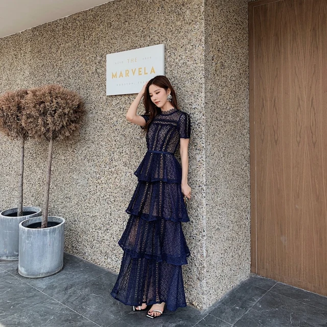 Maxi Dresses for Women 2021 New Summer Dark Blue Exquisite Lace Stitching Short Sleeve Multi-layer Cake Dress Slimming Dress 3
