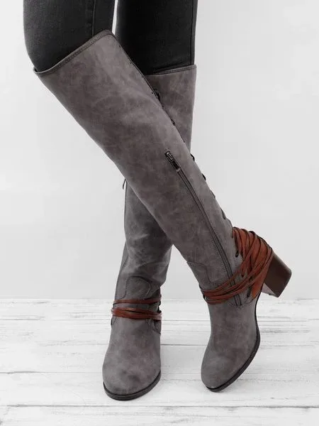 

Oeak Winter Lace Up Boots Women Cross-Tied Boots Warm Knee High Boots Women High Heels Casual Vintage Boots Botas Mujer