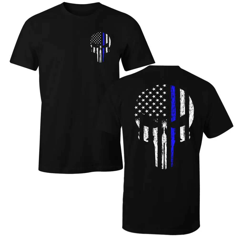 

Thin Blue Line USA American Skull Flag Patriotic Men T-Shirt
