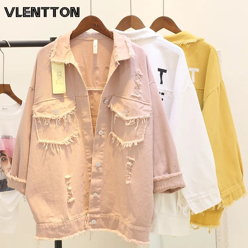 

2020 Spring Autumn Women Pink Vintage Letter Print Hole Jeans Jacket Korean Casual Loose Denim Coat Female Outwear Tops Mujer