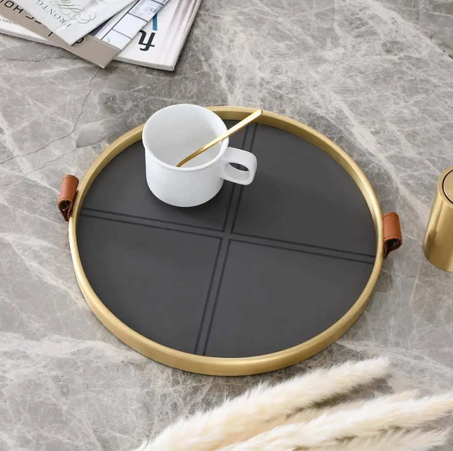 Luxtry Brass Edging Black Leather Round Tray 1