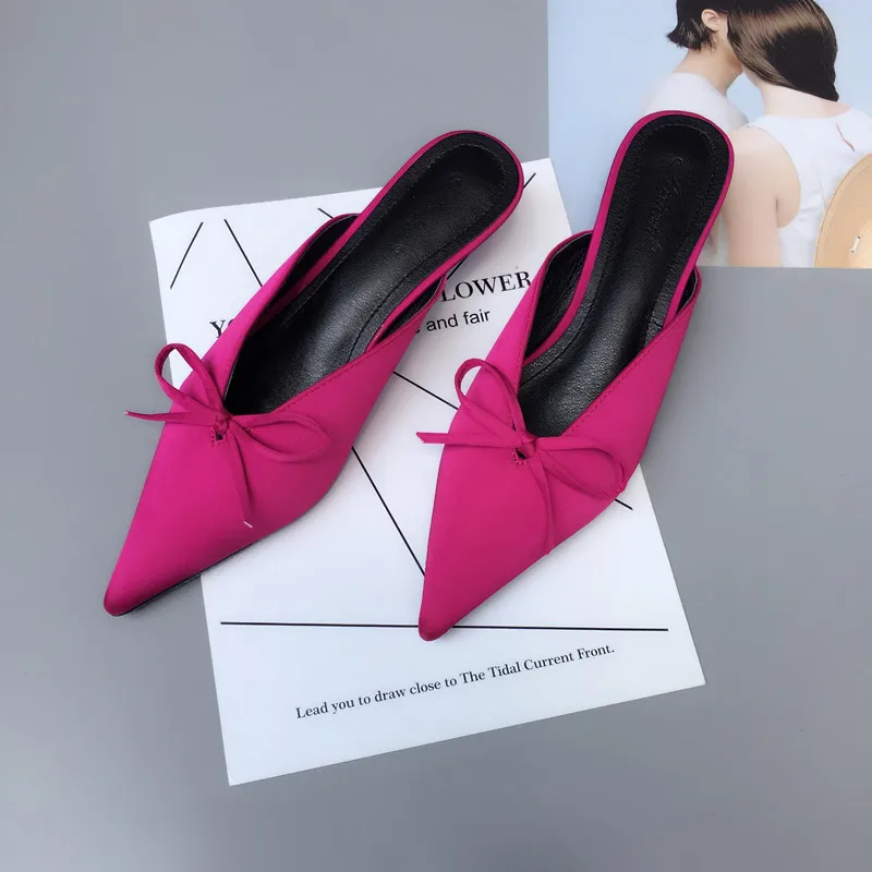

European Cat heels slides femme sexy pointy bow silk mules women shoes ladies modern all match slippers shallow loafers footwear