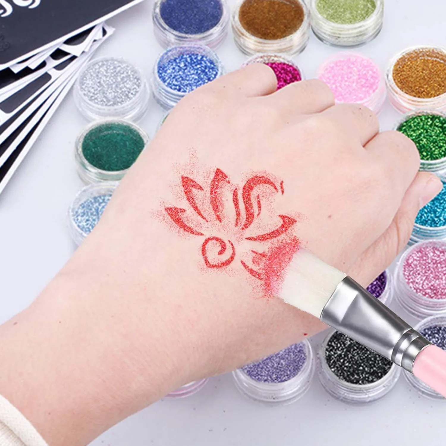 Billige 182 stücke Glitter Tattoo Set 24 Farben 30 Einzigartig Themen Temporäre Aufkleber 120 Muster Höhlen Formen Body Art Glitter Tattoo kit