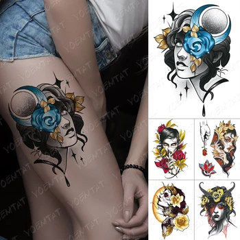 

Waterproof Temporary Tattoo Sticker Moon Laurel Goddess Flash Tattoos Blue Rose Old School Body Art Arm Fake Tatoo Women Men