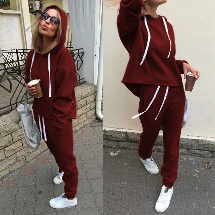 Женский спортивный костюм, женские повседневные спортивные толстовки с капюшоном в виде пупка, комплект из двух предметов, женская спортивная одежда, пуловер и штаны, набор - Цвет: wine red