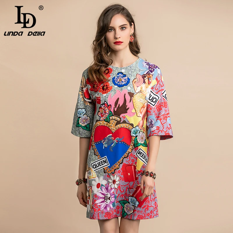 

LD LINDA DELLA Summer Fashion Runway Vacation Dress Women's Short Sleeve Elegant Queen Floral Print A-Line Loose Vintage Dress