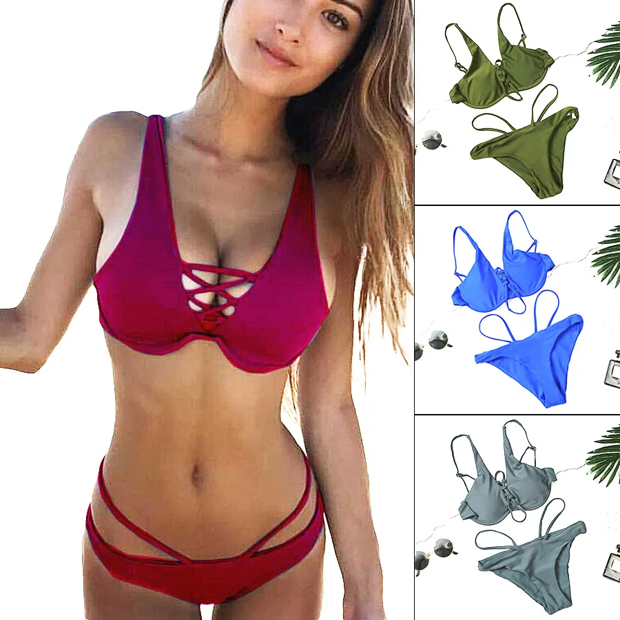

Solid Swimsuit Sexy Biquinis Feminino Swimming Suit For Women Push Up Bathing Suit Hollow Cross Mayo Bathers Maillot Biquine