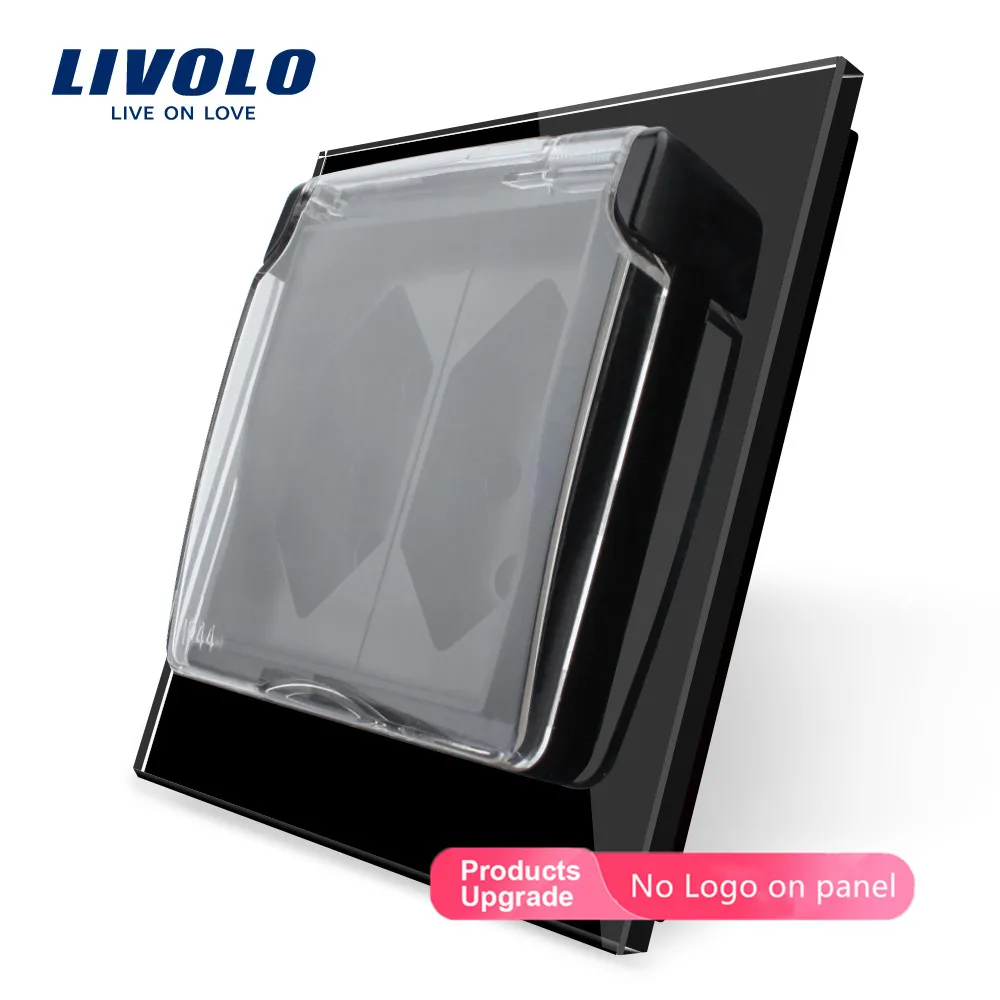 Livolo стандарт ЕС две банды швейцарская розетка, 3 цвета стеклянная панель, AC110~ 250 V, C7C2CHWF, с водонепроницаемой крышкой, без логотипа - Тип: Black-No logo