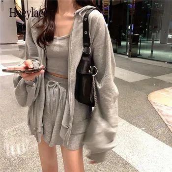 

2020 Women Summer Cotton Solid Three Piece Set Outfits Female Hooded Zipper Sweatshirts with Short Pants Suit Outfits Vestidos