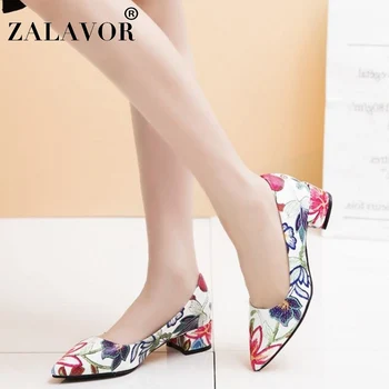 

ZALAVOR New Pumps Women Pointed Toe Thick Heels Print Shoes Fashion Office Ladies Daily Club Women Footwear Plus Size 33-46