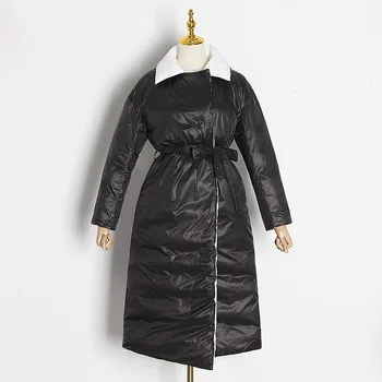 

Winter Reversible Down Jacket Women Lapel Long Parkas Coat Warm Puffer Jacket Outwear With Belts