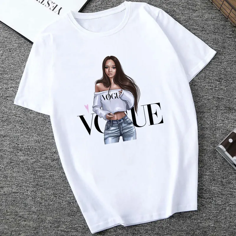 Женская белая футболка VOGUE Lady Harajuku с принтом летняя модная уличная футболка с коротким рукавом для женщин Корейский Топ рубашка