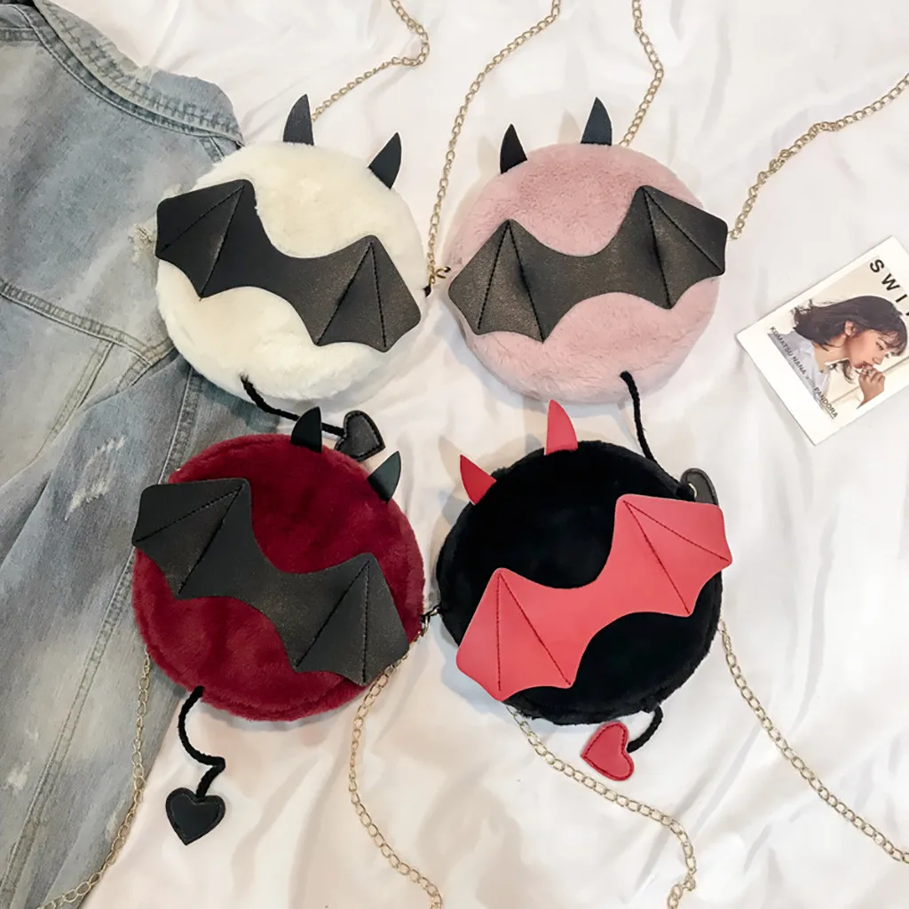 

Woman Halloween Ladies Bat Bag With Black Small Wing Heart-shaped Tail Devil Ear Bag Cartoon Plush Winter Crossbody Shouldr Bags