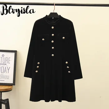 

Blvyisla 6XL Oversize Velvet Golden Button Chic Dress Female Black Gotic Mini Length Steam Punk Style Bottom Dresses
