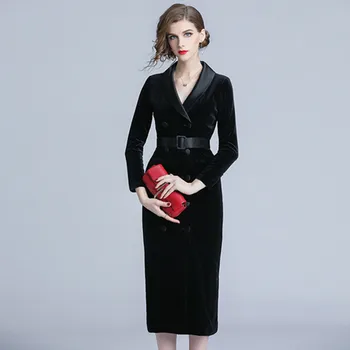 

Women Autumn Winter Long Sleeve Satin Notched Double-Breasted Velvet Dress Sashes Office Lady Slim Fit Bodycon Split Midi Dress