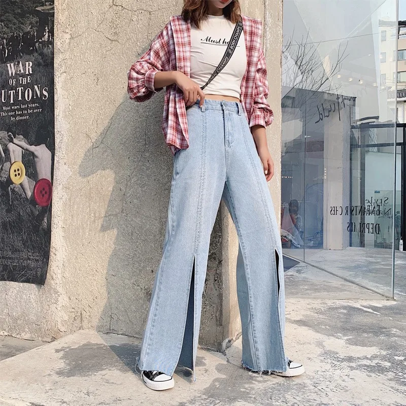 Осень высокая талия винтажные джинсовые широкие брюки для женщин Slim Fit повседневные Прямые брюки светло-голубые джинсы с разрезом спереди женские