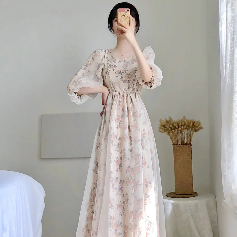 

2021 New Summer Slim Long Skirt Super Fairy Forest Yamamoto Style Bubble Sleeve Irregular Hepburn Snow Spinning Floral Dress