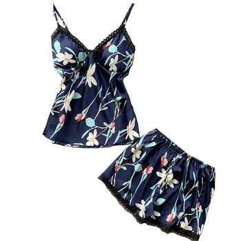 

Women's Sleepwear Sexy Satin Pajama Set Lace V-Neck Pyjamas Sleeveless Cute Printing Top and Shorts Pijama Mujer 2 Piece Sets