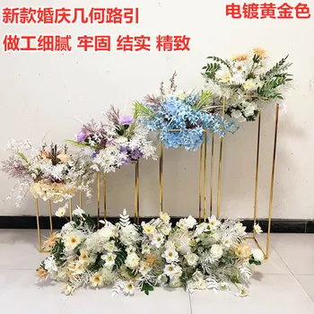

Wrought iron rectangular block frame wedding arch road lead birthday party event decoration artificial flower backdrop stand