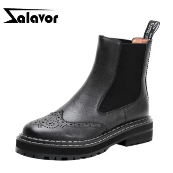

ZALOVER Women Ankle Boots Real Leather Fashion Chesil Style Non-Slip Square Heel Women Shoes Patchwork Footwear Size 34-39